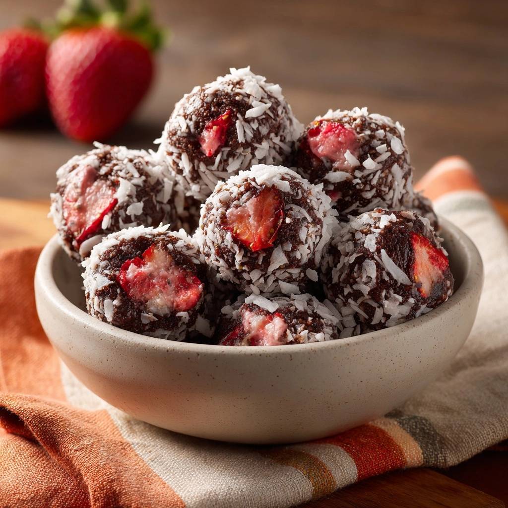 Erdbeer-Kokos-Schoko-Balls in einer Schüssel mit gespaltenen Bällchen, die im Inneren Erdbeeren zeigen.