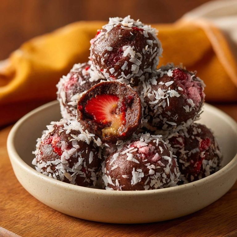 Erdbeer-Kokos-Schoko-Balls im Anschnitt, die zeigen den roten Erdbeer-Kern und die cremige Füllung.