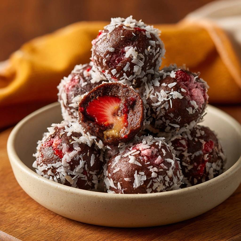Erdbeer-Kokos-Schoko-Balls im Anschnitt, die zeigen den roten Erdbeer-Kern und die cremige Füllung.