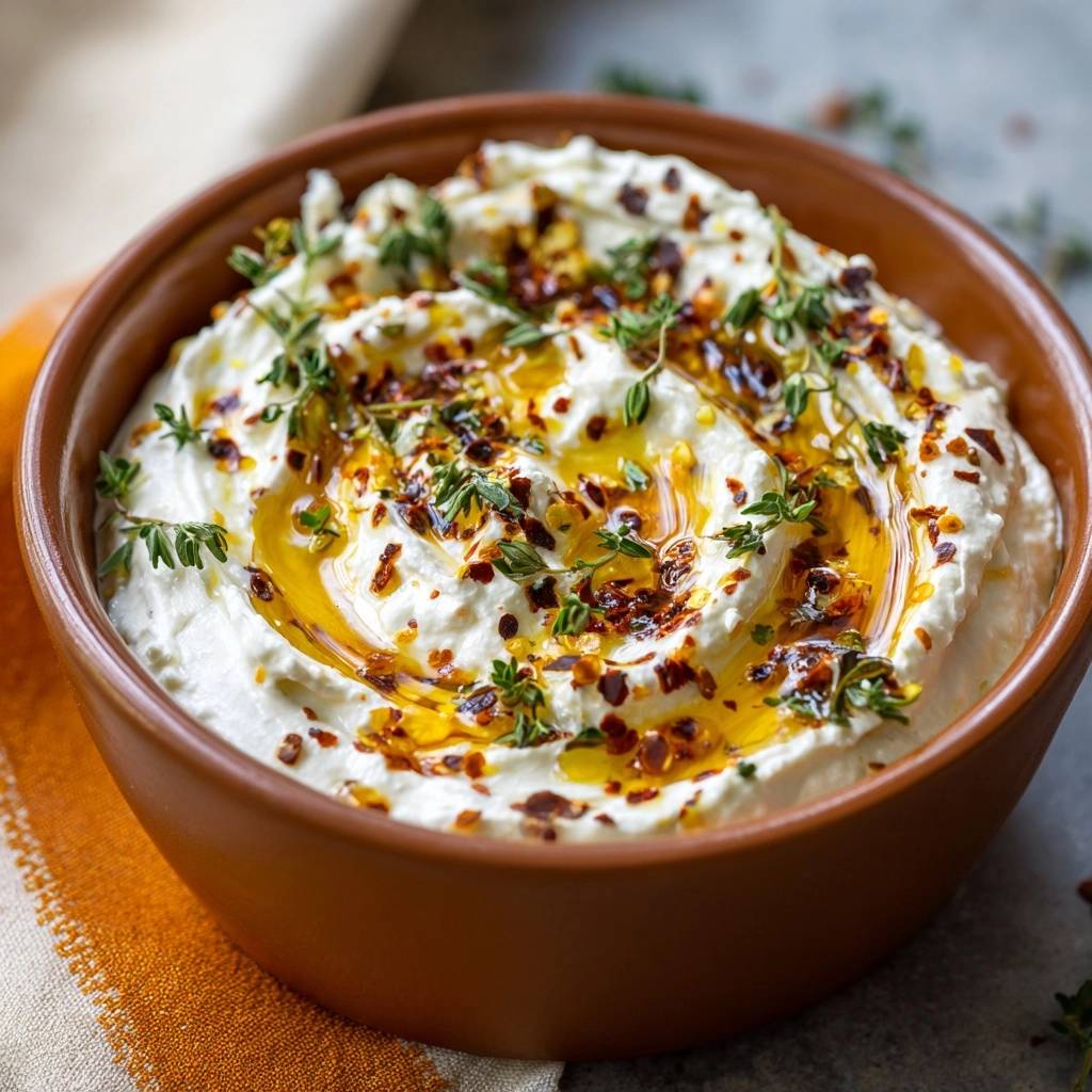 Feuriger Feta Dip Detail Garnitur 1 Feuriger Feta-Dip mit Honig, Chili & Thymian, nah aufgenommen mit Fokus auf die Garnitur aus frischem Thymian und Chiliflocken.