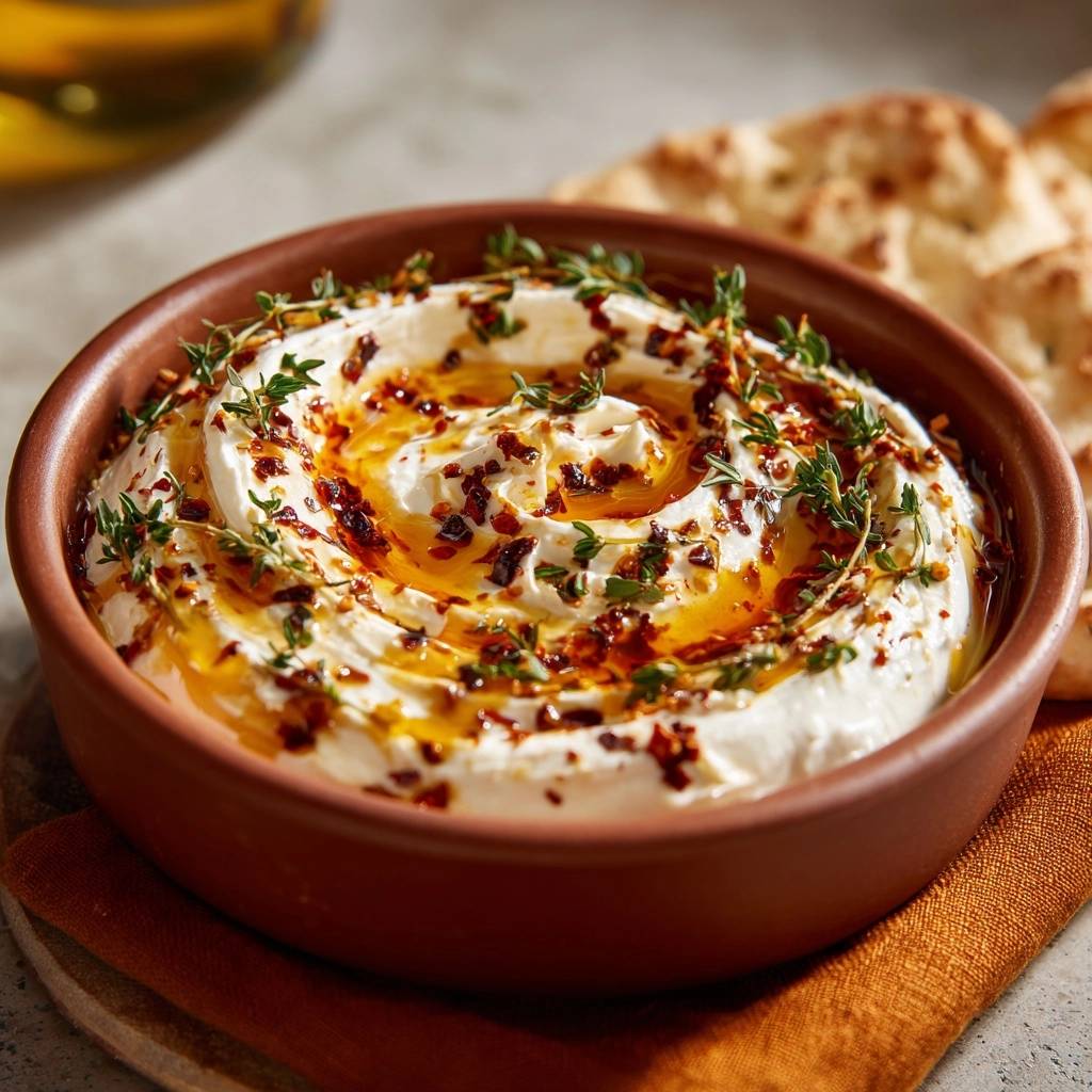 Feuriger Feta-Dip mit Honig, Chili & Thymian, detailreich garniert mit frischen Kräutern und würziger Chili-Öl-Mischung.