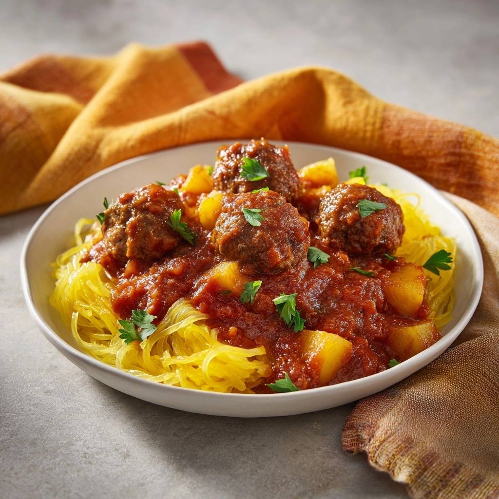 Fleischbällchen-Eintopf mit Kartoffeln und Spaghetti, serviert in einer weißen Schüssel, garniert mit frischen Kräutern und Tomatensauce.
