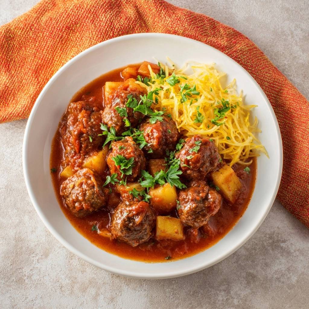 Fleischbällchen-Eintopf mit Kartoffeln und Spaghetti, serviert in einer weißen Schüssel mit frischer Petersilie garniert.