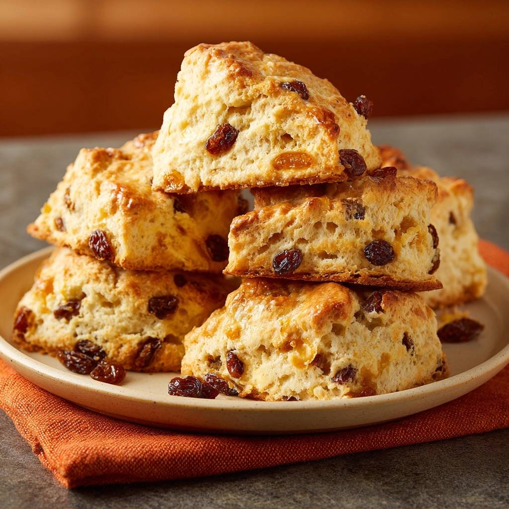 Fluffige Rosinen-Scones, gestapelt auf einem Teller mit einem orangefarbenen Tuch, mit getrockneten Rosinen im Teig.