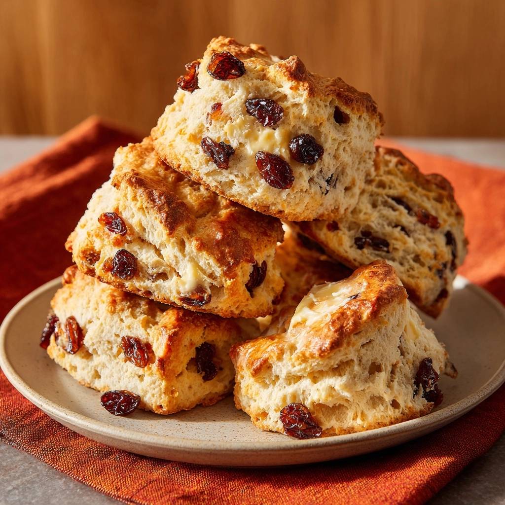 Fluffige Rosinen-Scones – Nie wieder flach! Gestapelt und nah aufgenommen mit sichtbaren Rosinen und Butter.