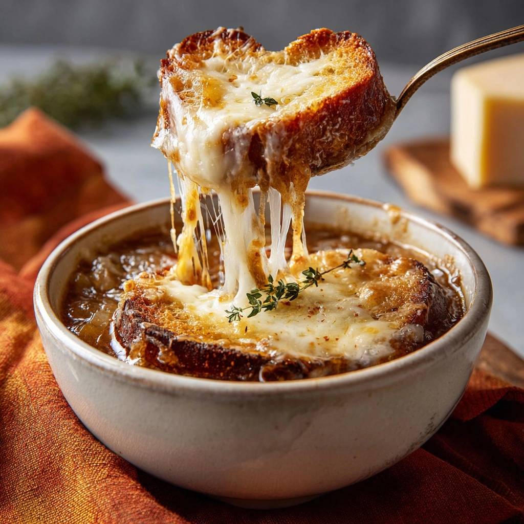 Franzosische Zwiebelsuppe Geschmolzener Kaese Nahaufnahme 1 Französische Zwiebelsuppe mit geschmolzenem Käse, der von einem Löffel herunterhängt, Nahaufnahme des käsigen Toppings.