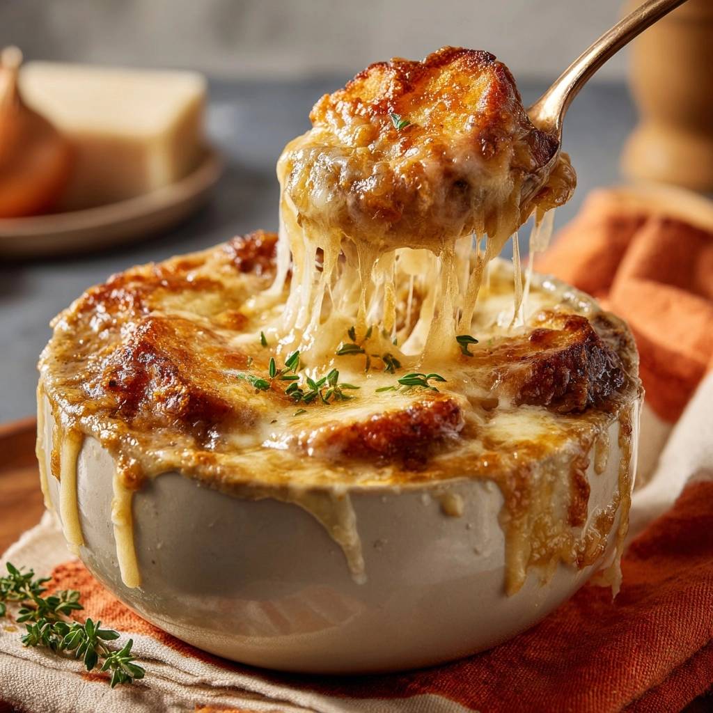 Französische Zwiebelsuppe mit langgezogenem geschmolzenem Käse und Brot, das von einem Löffel gezogen wird.