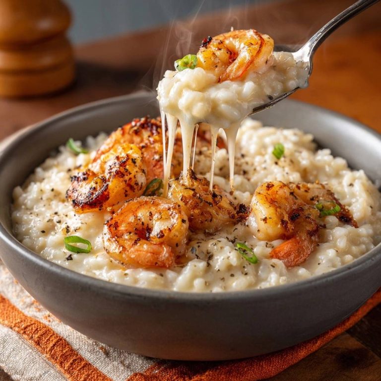 Cremiges Garnelen-Risotto mit geschmolzenem Käse und Garnelen, das von einem Löffel gezogen wird.