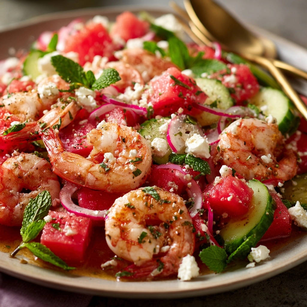 Frischer Garnelen-Wassermelonen-Salat als Nahaufnahme mit Feta-Käse, Gurken und Minze auf einem Teller.