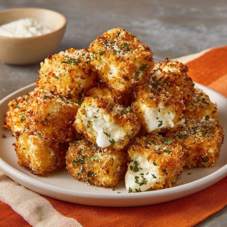 Knusprige gebackene Käsewürfel mit geschmolzenem Käse im Inneren, nahaufnahme des angeschnittenen Snacks.