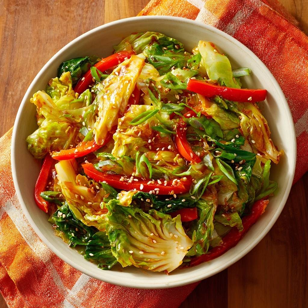 Knackiger gebratener Pak Choi mit Paprika, nahaufnahme des mit Sesam bestreuten Gerichts in einer Schüssel.