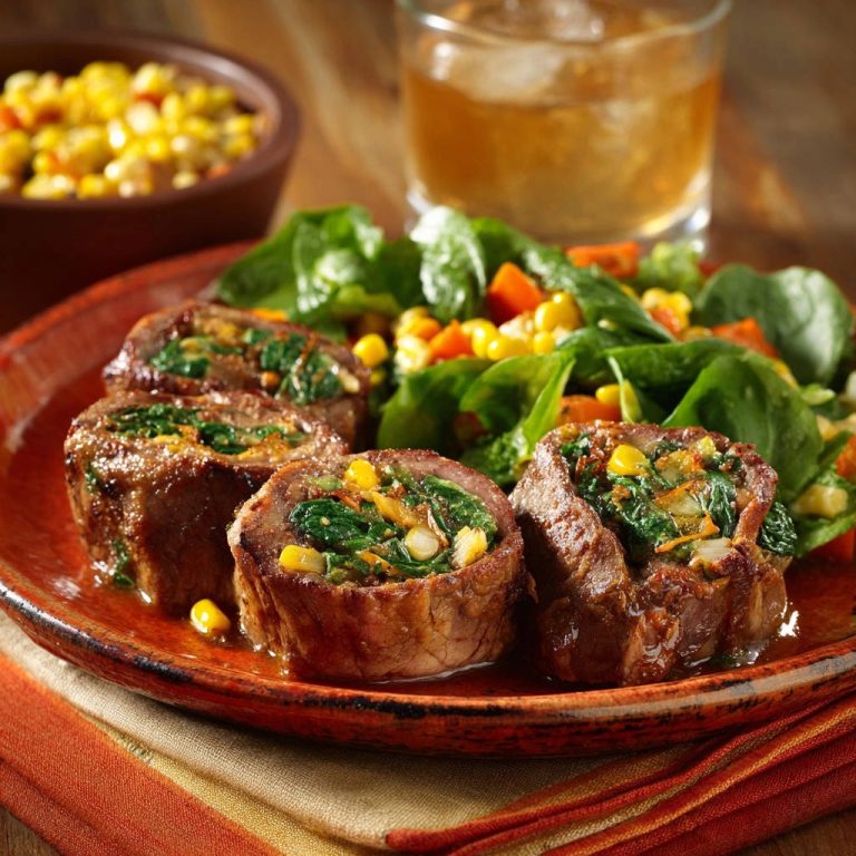 Gefüllte Rinderrouladen-Röllchen mit Spinat und Mais im Anschnitt, mit frischem Salat und Mais serviert.