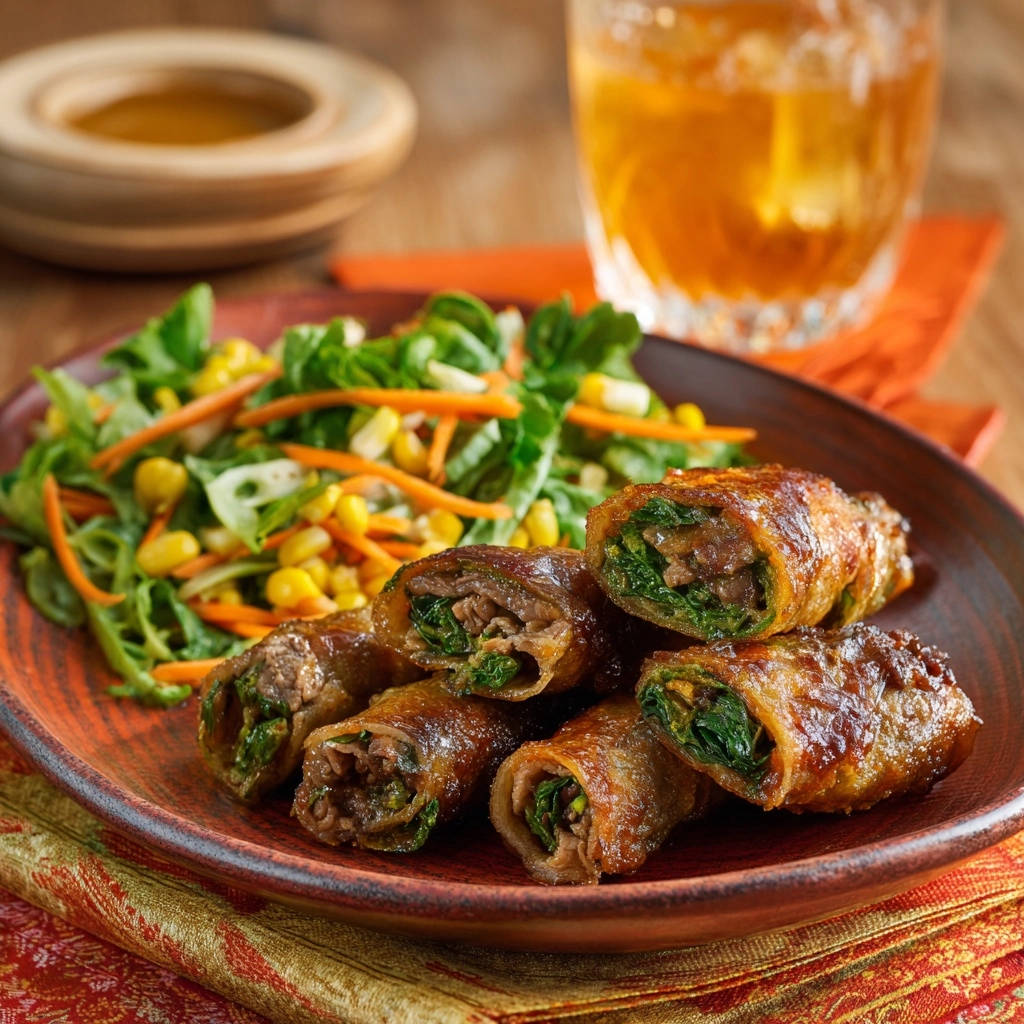 Gefüllte Rinderrouladen-Röllchen mit Spinat und Mais, im Querschnitt mit saftigem Inneren und frischem Salat serviert.