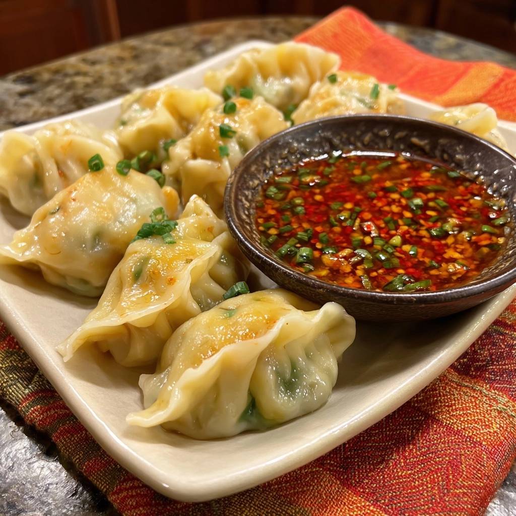 Gemuese Gyoza Mit Scharfer Chilisauce Nahaufnahme 1 Knusprige Gemüse-Gyoza mit scharfer Chilisauce, serviert auf einem Teller mit einer Schüssel voller Sauce.