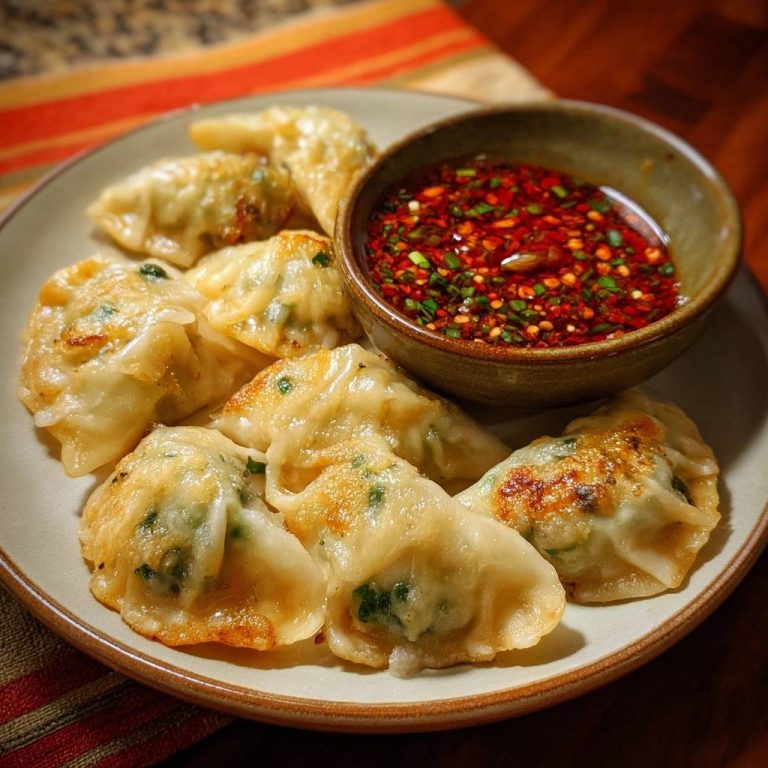 Knusprige Gemüse-Gyoza mit scharfer Chilisauce, serviert auf einem Teller mit einer Schüssel Dip, Nahaufnahme
