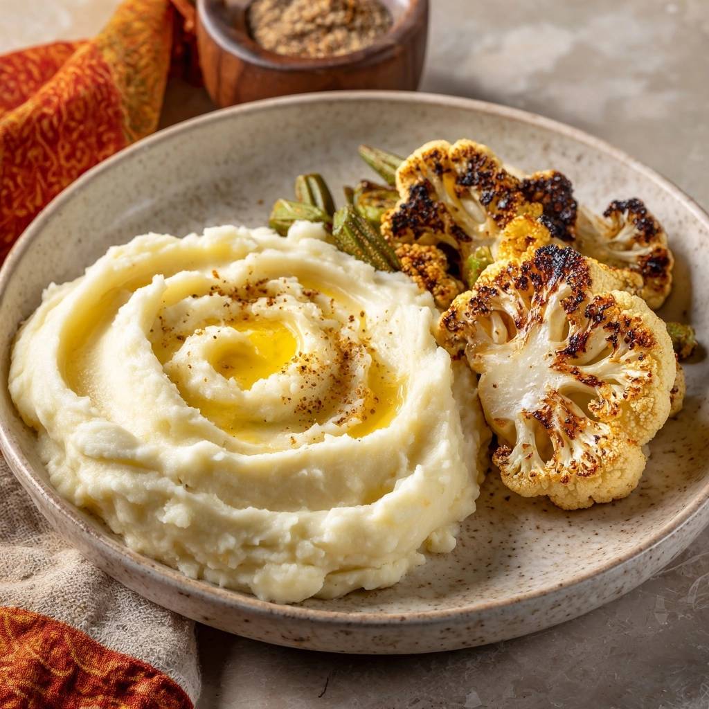 Gerösteter Blumenkohl mit cremigem Kartoffelpüree und Okra als detaillierte Nahaufnahme auf einem Teller mit goldgelber Butter und Gewürzen.
