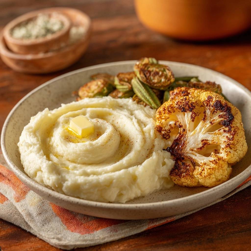 Gerösteter Blumenkohl mit cremigem Kartoffelpüree und Okra, serviert auf einem Teller mit einem Stück Butter und Gewürzen.