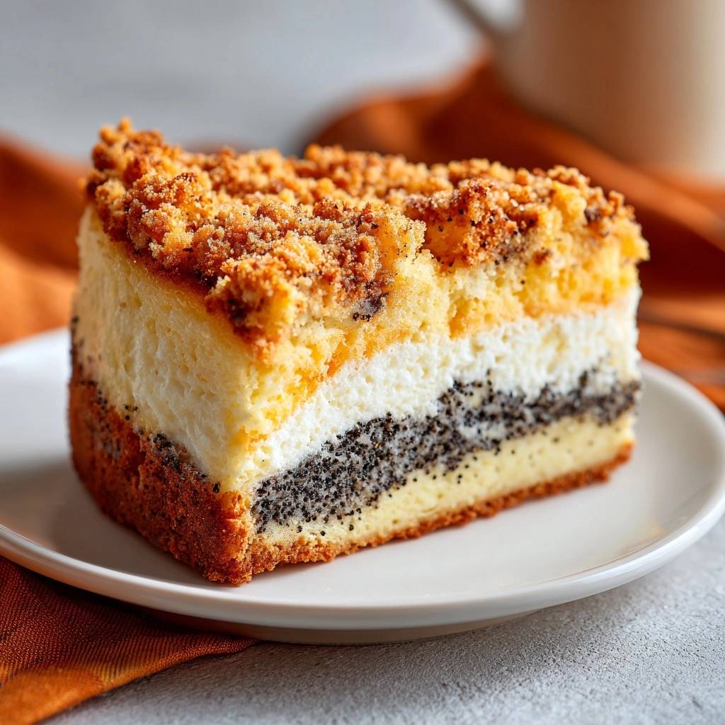 Geschichteter Mohn Streuselkuchen Querschnitt 1 Geschichteter Mohn-Streuselkuchen als Anschnitt auf einem Teller, zeigt die einzelnen Schichten von Mohn, Quark und Streuseln.