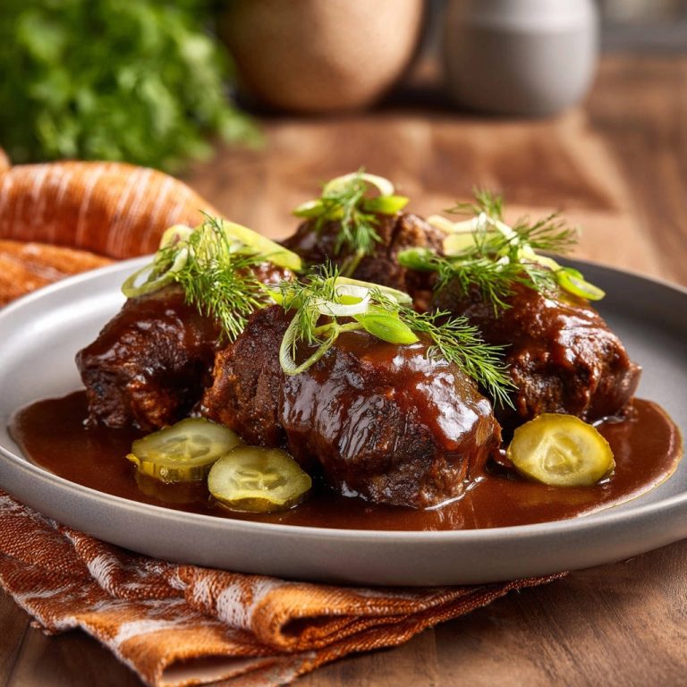 Zarte geschmorte Rinderbäckchen mit saftiger Sauce, garniert mit Frühlingszwiebeln und Dill.