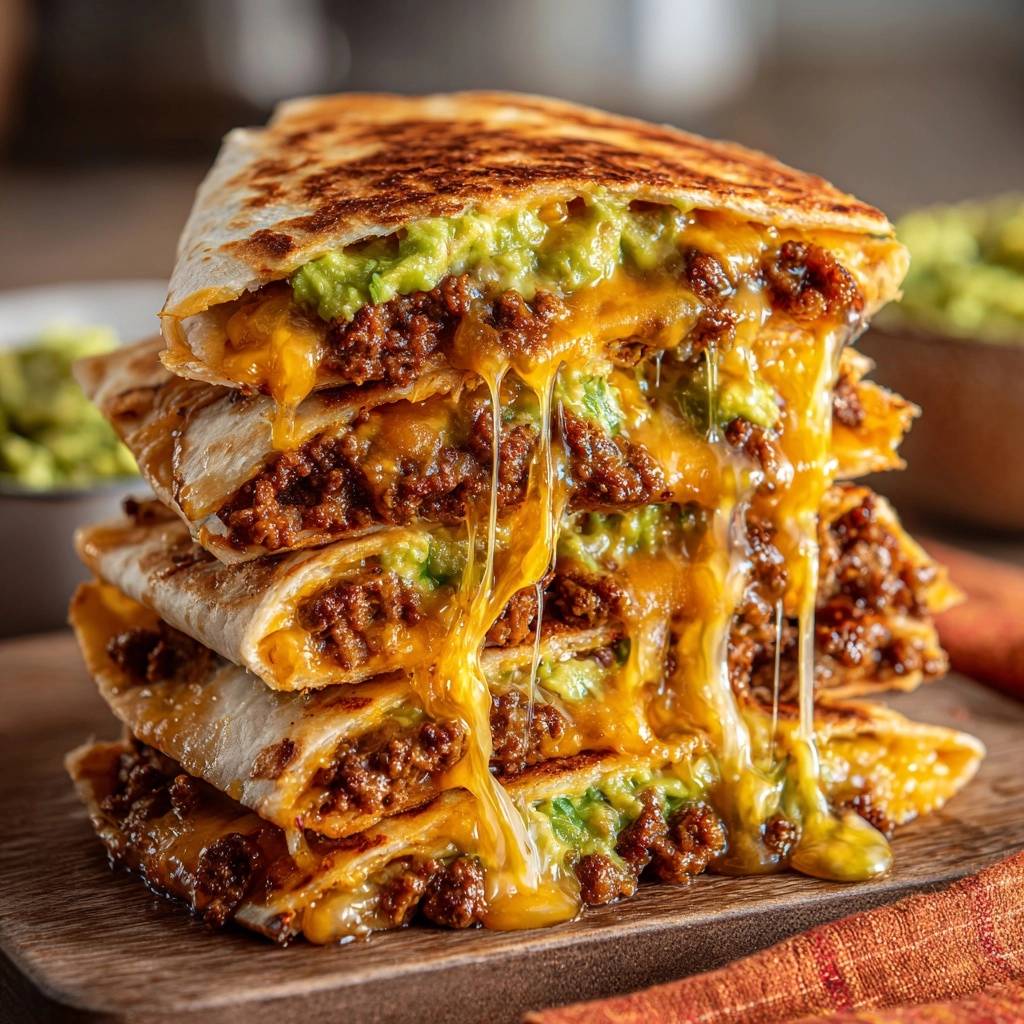 Gestapelter Hack-Quesadilla-Turm mit schmelzendem Käse, der aus den Schichten tropft.