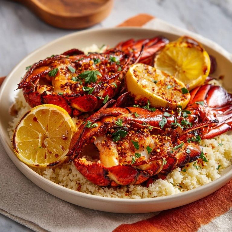 Würzige gegrillte Hummerschwänze auf Couscous, nahaufnahme der gebackenen Hummer mit Zitrone und Petersilie.
