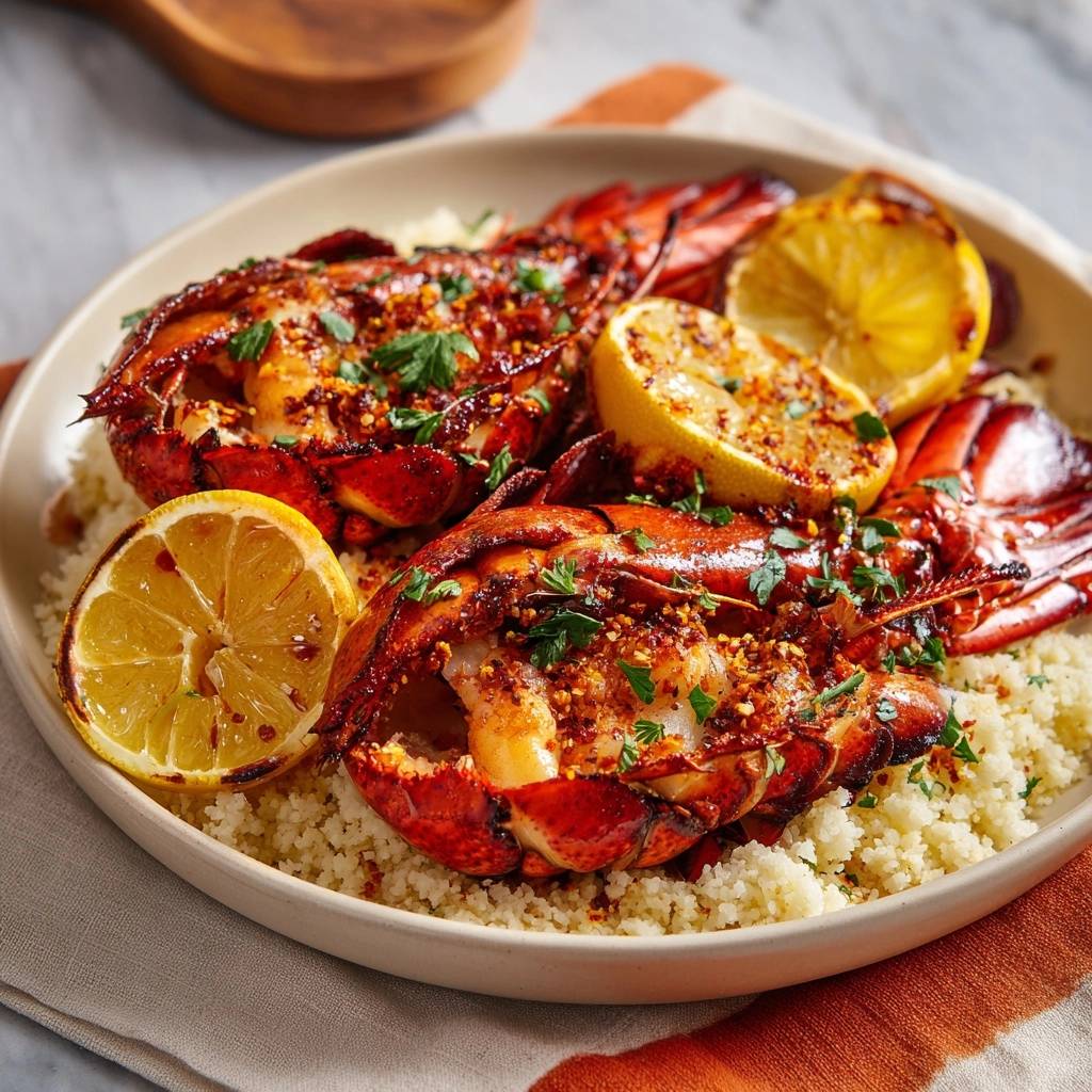 Würzige gegrillte Hummerschwänze auf Couscous, nahaufnahme der gebackenen Hummer mit Zitrone und Petersilie.