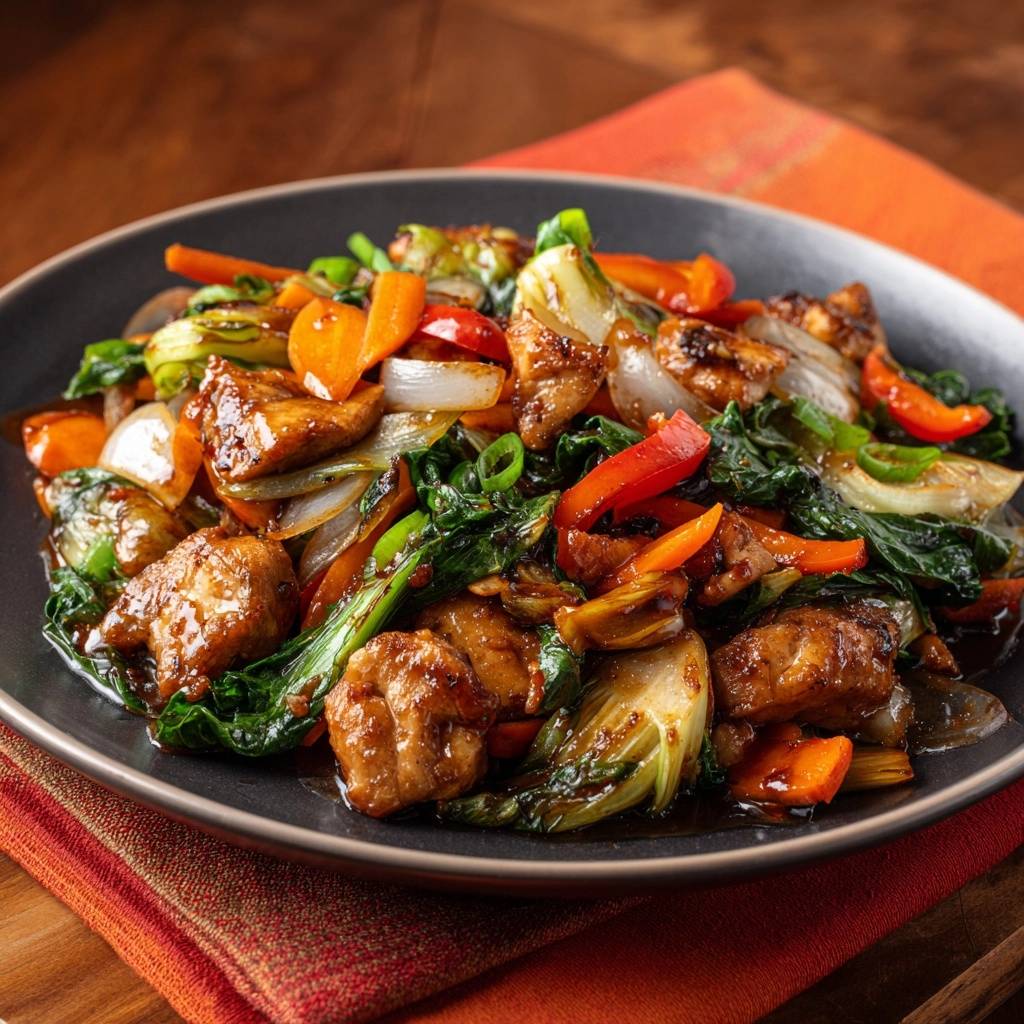 Glasiertes Hähnchen-Wok mit Bok Choy, Nahaufnahme der saftigen Hähnchenstücke und knackigen Gemüsesorten.