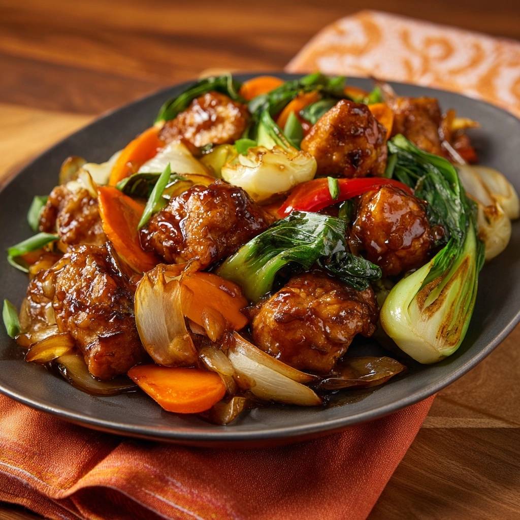 Glasiertes Hähnchen-Wok mit Bok Choy, saftig, nahaufnahme der glasierten Hähnchenstücke und des bunten Gemüses auf einem Teller.