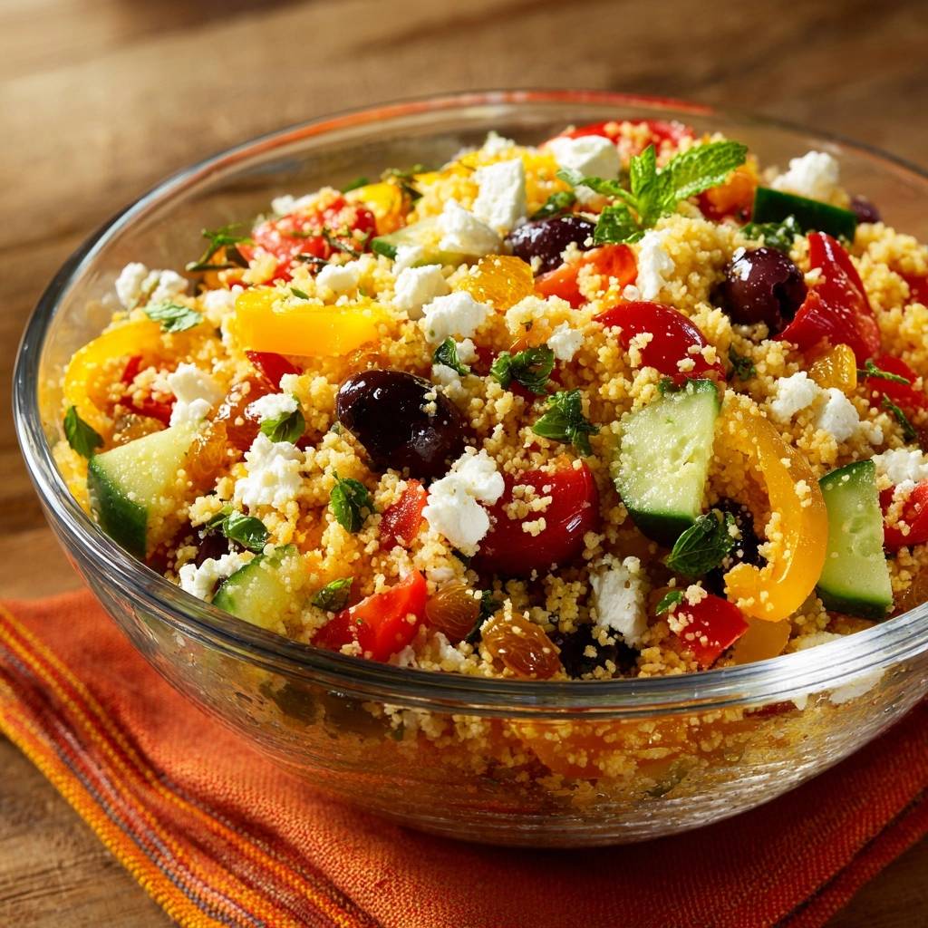 Griechischer Couscous Salat Detail Glas Schuessel 1 Griechischer Couscous-Salat mit Feta, Oliven und Gemüse in einer transparenten Glasschüssel, Nahaufnahme