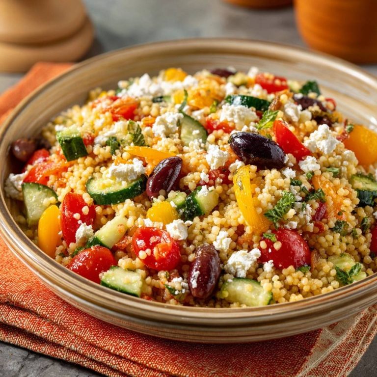 Griechischer Couscous-Salat – fluffig ohne Klümpchen! in einer Schüssel mit Tomaten, Gurken, Oliven und Feta im Detail.