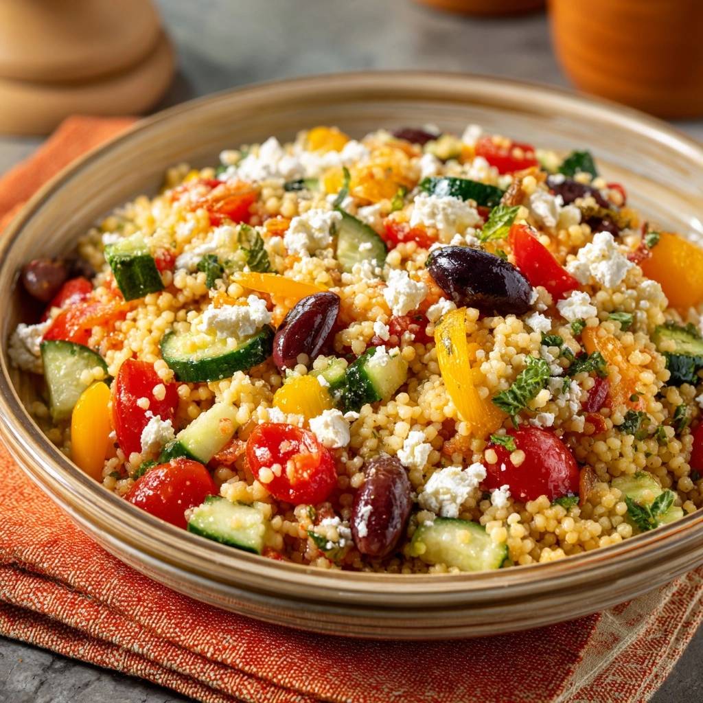 Griechischer Couscous-Salat – fluffig ohne Klümpchen! in einer Schüssel mit Tomaten, Gurken, Oliven und Feta im Detail.