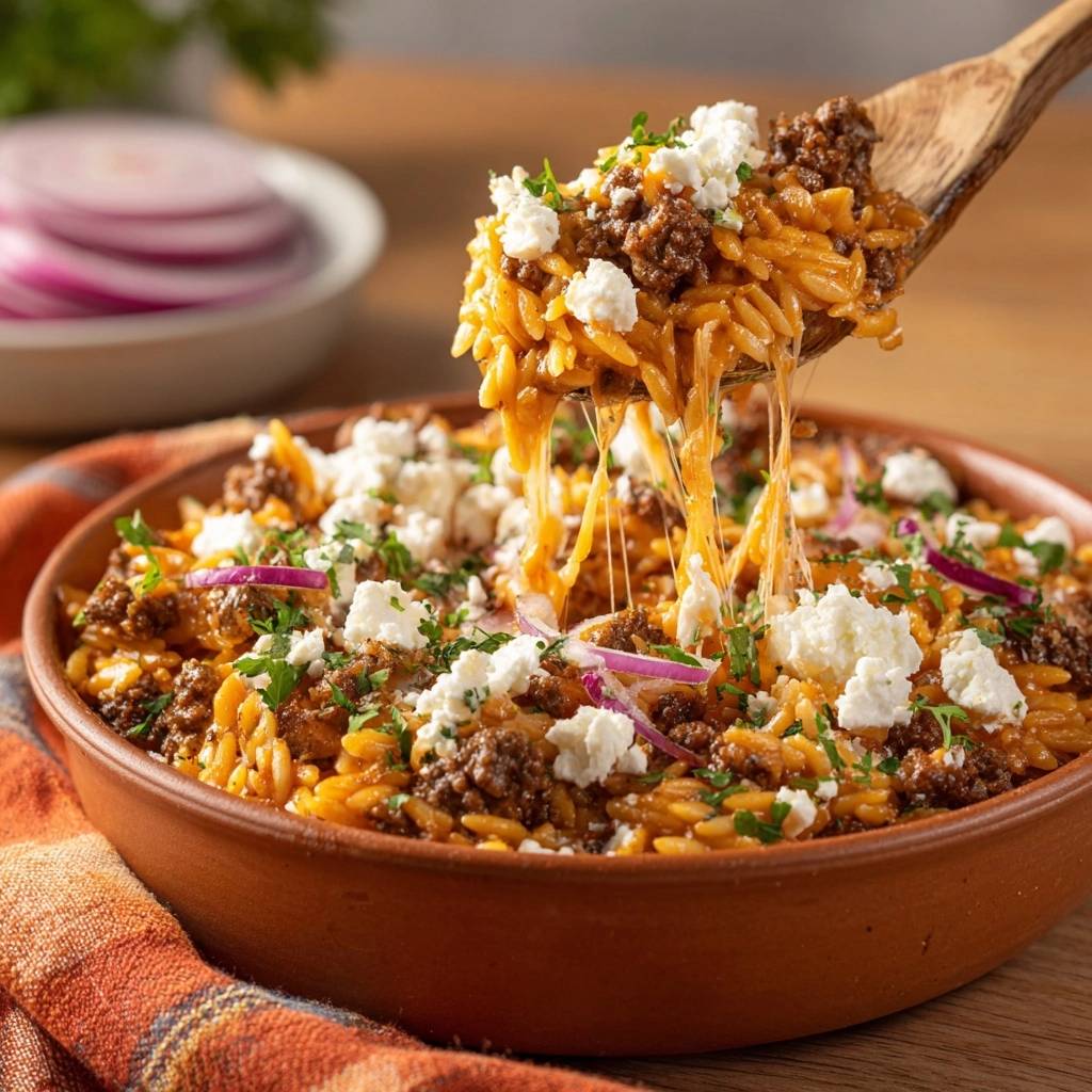 Griechischer Hackfleisch-Orzo mit Feta, der auf einem Holzlöffel mit geschmolzenem Käse herausgezogen wird.