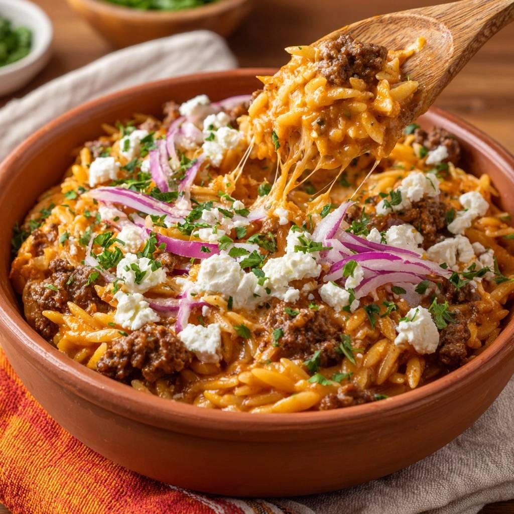 Griechischer Hackfleisch-Orzo mit Feta, von dem geschmolzener Käse an einem Holzlöffel zieht.