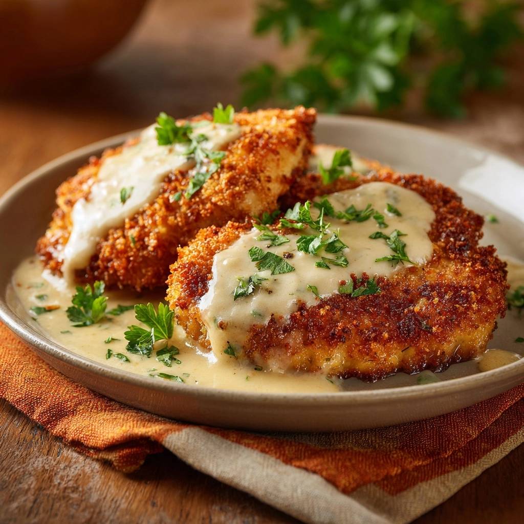Knuspriges Hähnchenschnitzel mit cremiger Petersiliensauce, serviert auf einem Teller in Nahaufnahme mit frischer Petersilie garniert.