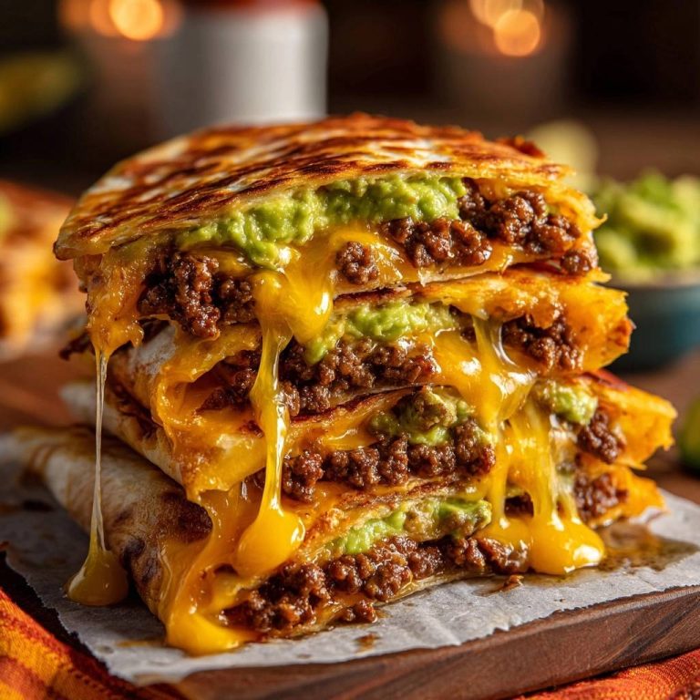 Gestapelter Hack-Quesadilla-Turm mit üppig geschmolzenem Käse und Guacamole, nahaufnahme