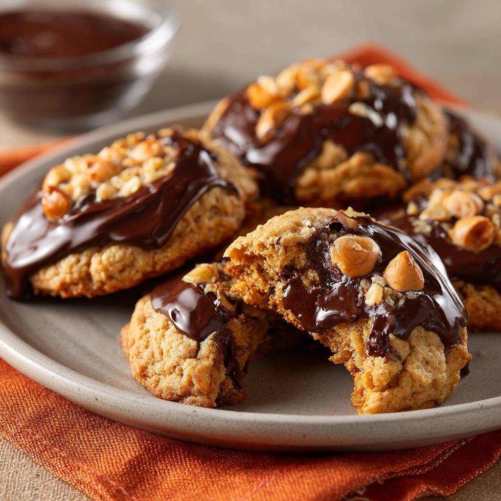 Hafer Haselnuss Schoko Cookies Angeschnitten 1 Hafer-Haselnuss-Schoko-Cookies angeschnitten mit geschmolzener Schokolade und Haselnüssen, die ihre saftige Innenseite zeigen.