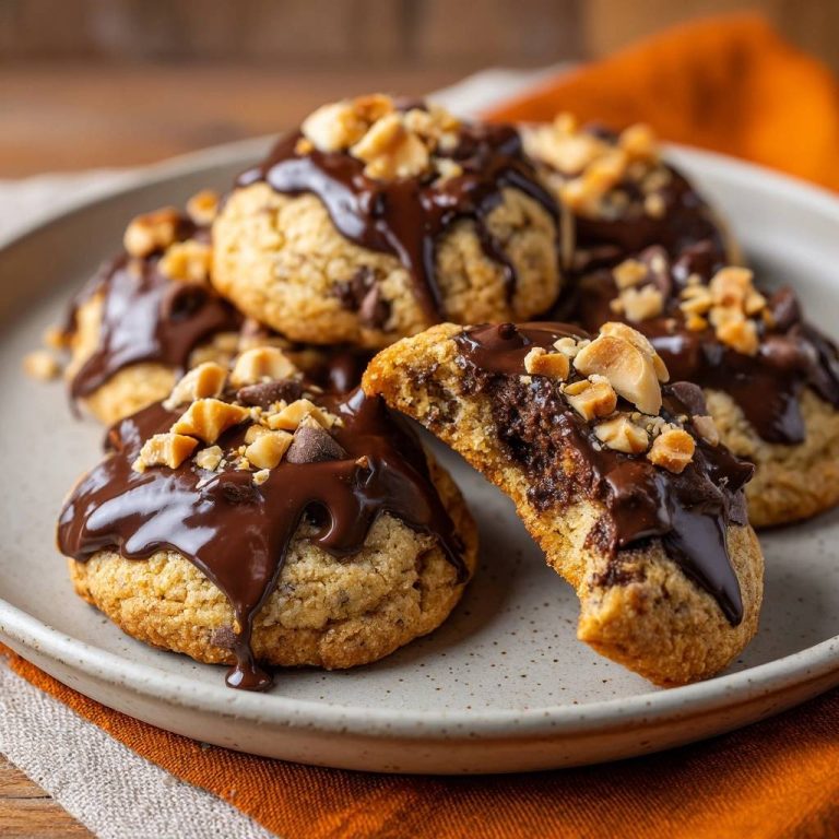 Hafer-Haselnuss-Schoko-Cookies, angeschnitten, um das schokoladige Innere und die Haselnüsse zu enthüllen.