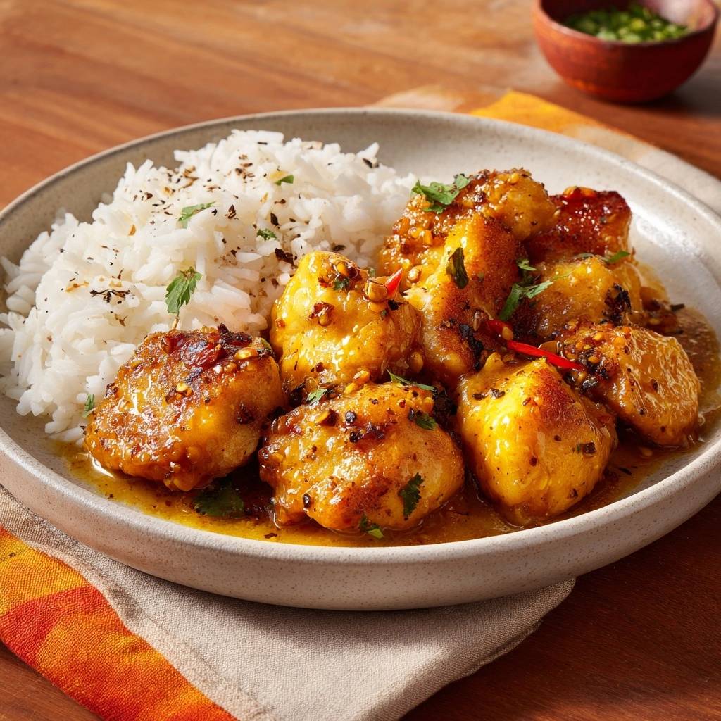Saftiges Hähnchen-Curry mit Reis nahaufnahme, serviert auf einem Teller mit Reis und garniert mit Kräutern und Chili.