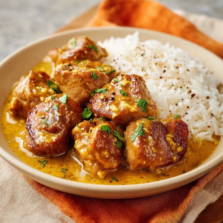 Saftiges Hähnchen-Curry mit Reis, nah aufgenommen in einer Schüssel mit frischer Petersilie und Gewürzen.