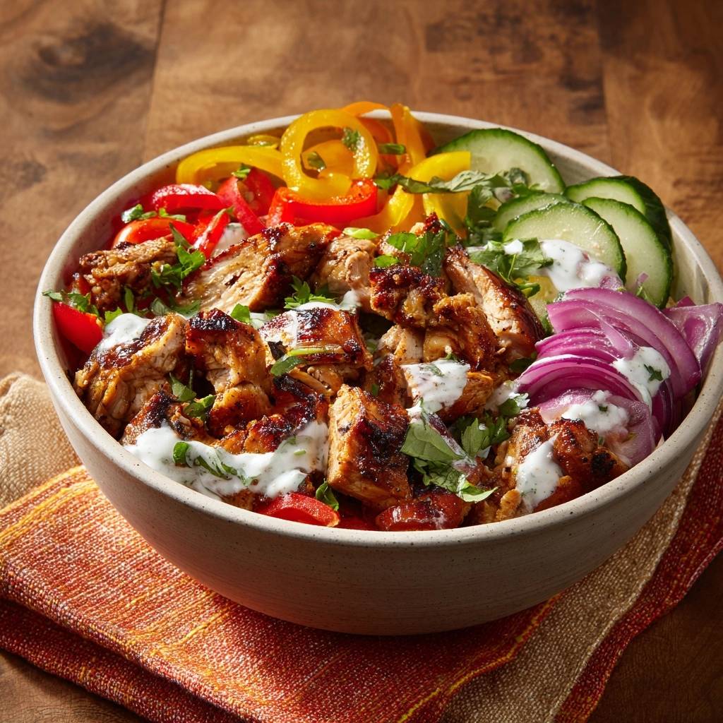 Saftiger Hähnchen-Gyros-Bowl mit cremiger Joghurt-Sauce und frischem Gemüse, Nahaufnahme des Hähnchens.