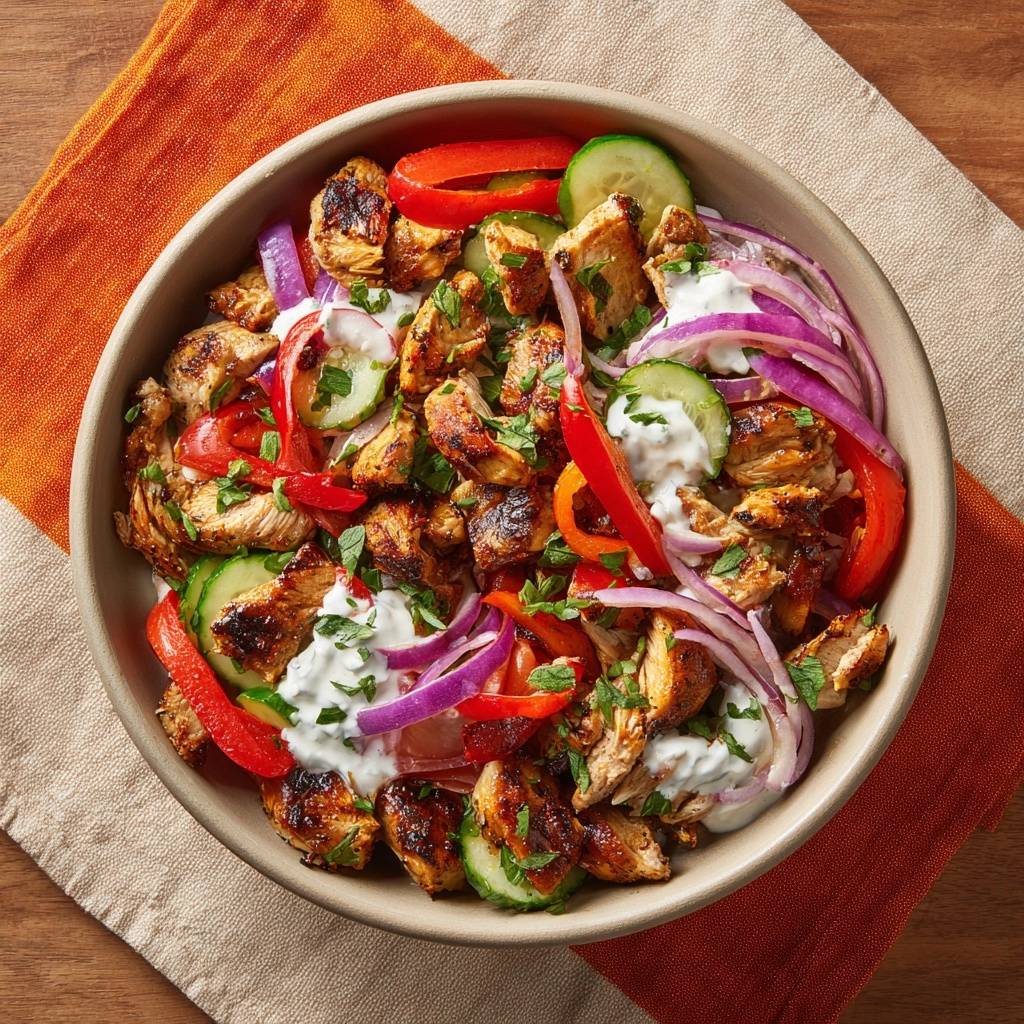 Saftiger Hähnchen-Gyros-Bowl mit Gurken, Paprika und Zwiebeln, von oben fotografiert.