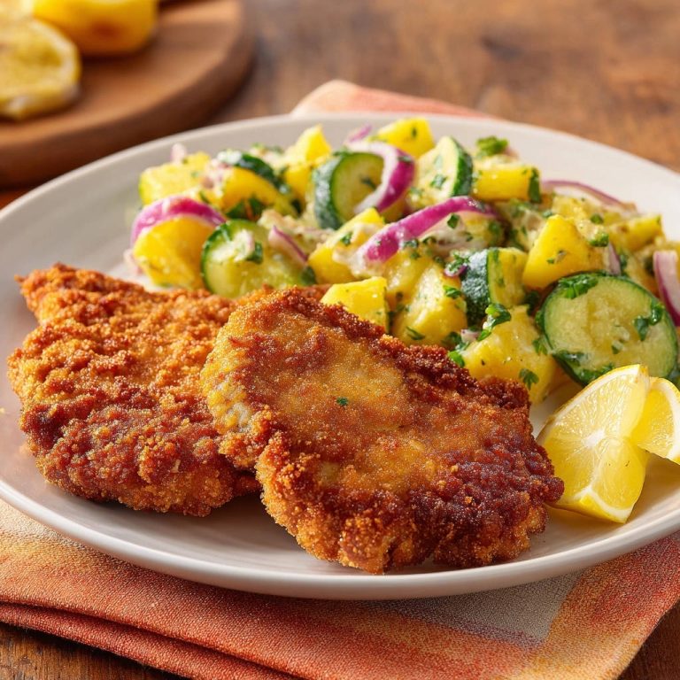 Knusprige Hähnchen-Schnitzel mit cremigem Kartoffel-Gurken-Salat auf einem Teller mit Zitronenspalten serviert