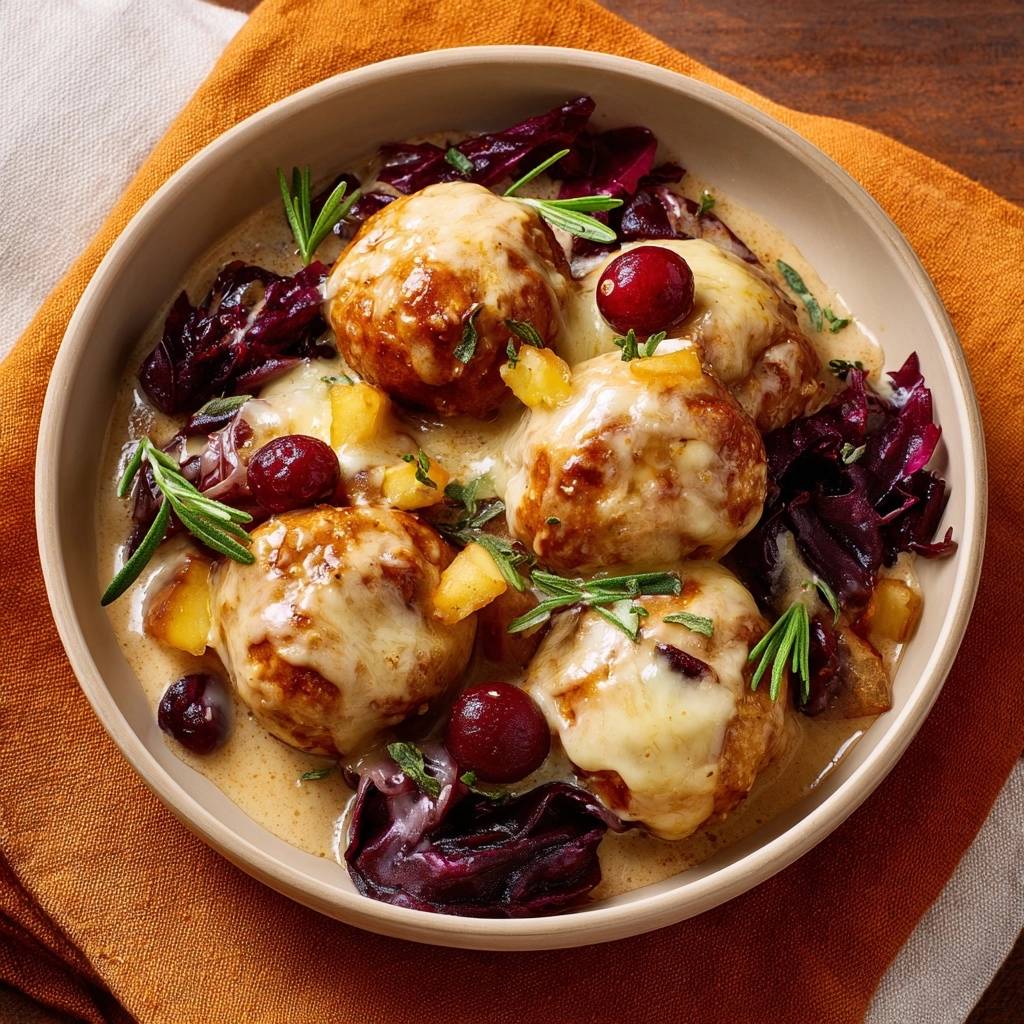 Herbstliche Ravioli Mit Rindfleisch Garniert 1 Herbstliche Ravioli mit Rindfleisch, Rotkohl und Cranberries, serviert in einer Schüssel und mit Käse überbacken.