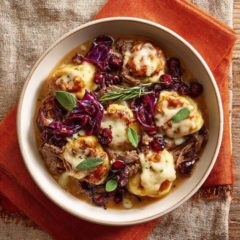 Herbstliche Ravioli mit Rindfleisch, Rotkohl und Cranberries, von oben in einer Schüssel mit geschmolzenem Käse und Kräutern serviert.