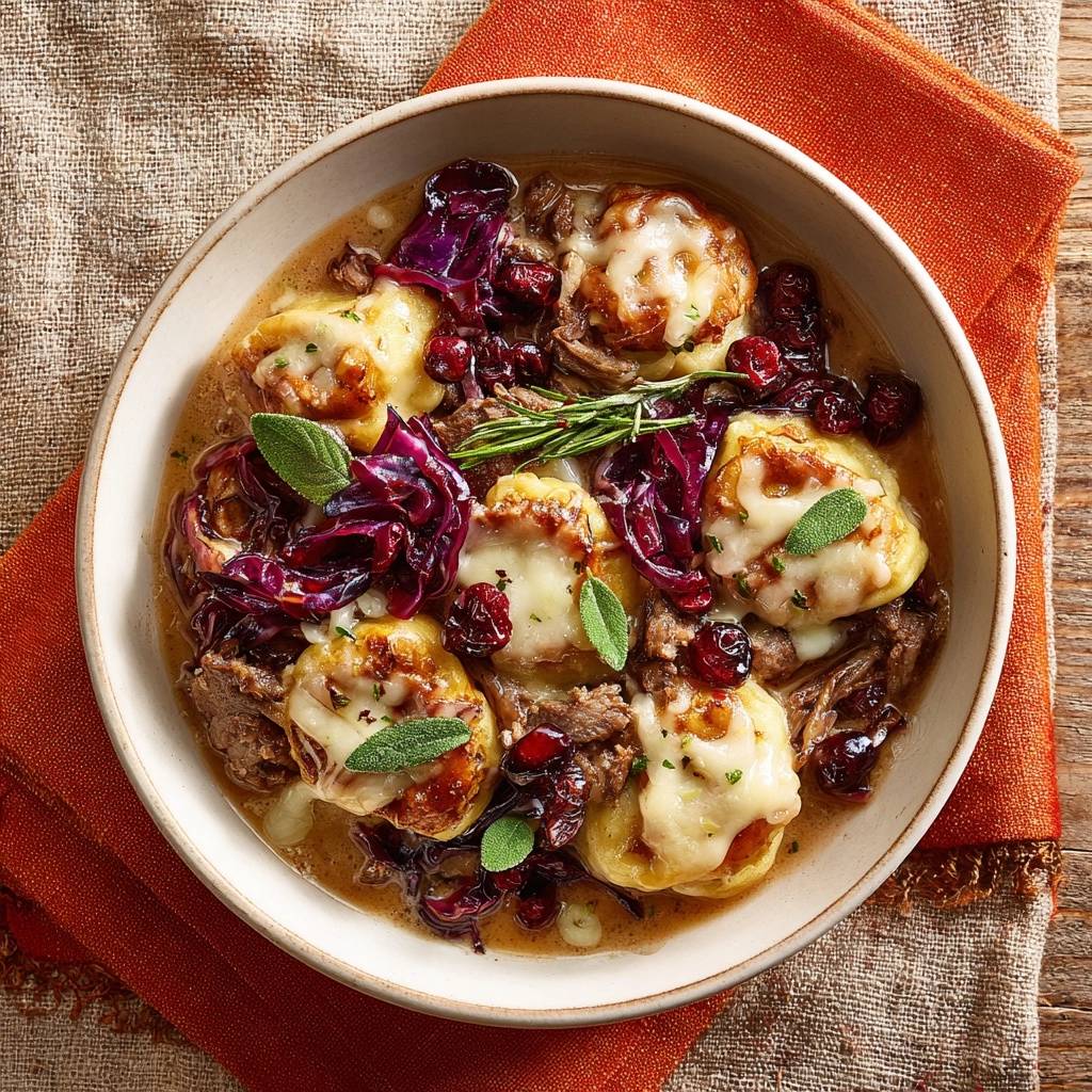 Herbstliche Ravioli mit Rindfleisch, Rotkohl und Cranberries, von oben in einer Schüssel mit geschmolzenem Käse und Kräutern serviert.