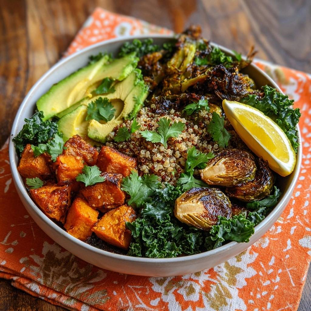 Herbstlicher Quinoa Power Bowl Detail Garnitur 1 Herbstlicher Quinoa-Power-Bowl mit frischen Kräutern und karamellisierten Süßkartoffeln, Nahaufnahme der Garnitur.