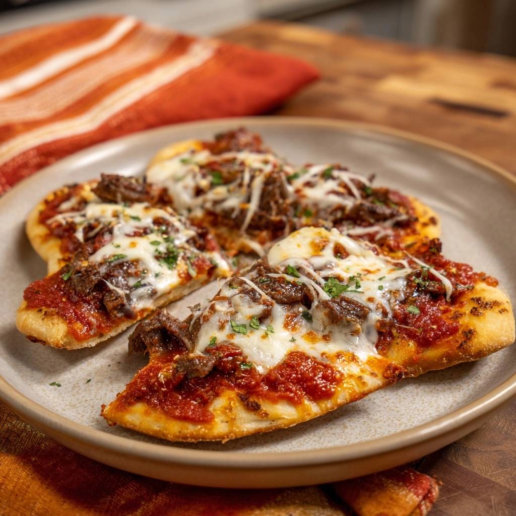 Herz Pizzen Mit Rindfleisch Angeschnitten 1 Herz-Pizzen mit saftigem Rindfleisch – knusprig, hier angeschnitten und auf einem Teller serviert mit geschmolzenem Käse und Petersilie.