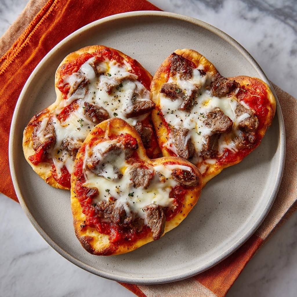 Herz-Pizzen mit saftigem Rindfleisch, knusprig, auf einem Teller serviert mit einem orangen Tuch im Hintergrund.