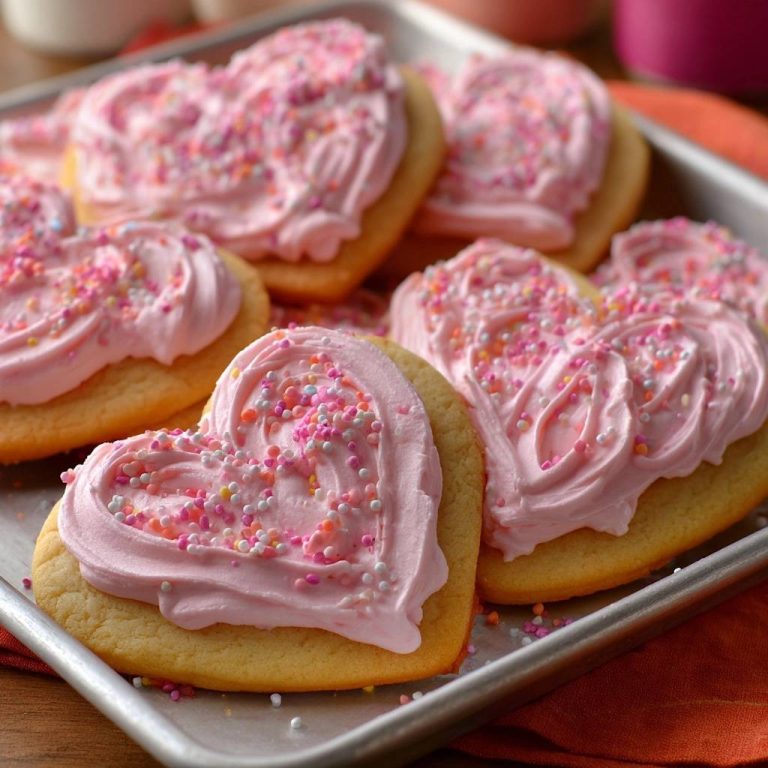 Herz-Plätzchen mit pinkem Frosting, nahaufnahme der dekorierten Kekse mit bunten Streuseln auf einem Backblech.