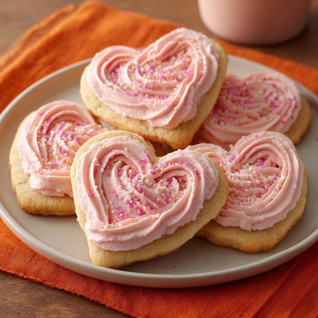 Herz Pltzchen Mit Pinkem Frosting Nahaufnahme Mit Streuseln 1 Herz-Plätzchen mit pinkem Frosting, liebevoll verziert mit bunten Zuckerstreuseln, auf einem Teller arrangiert.
